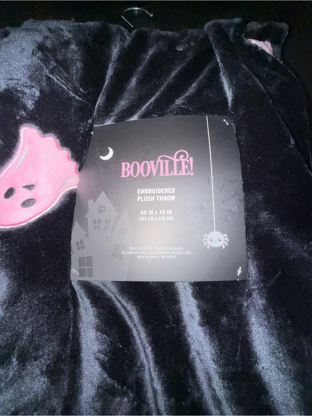 NEW BOOVILLE BLACK FUZZY EMBROIDERED PINK GHOST Plush 60x70” Throw Blanket NWT